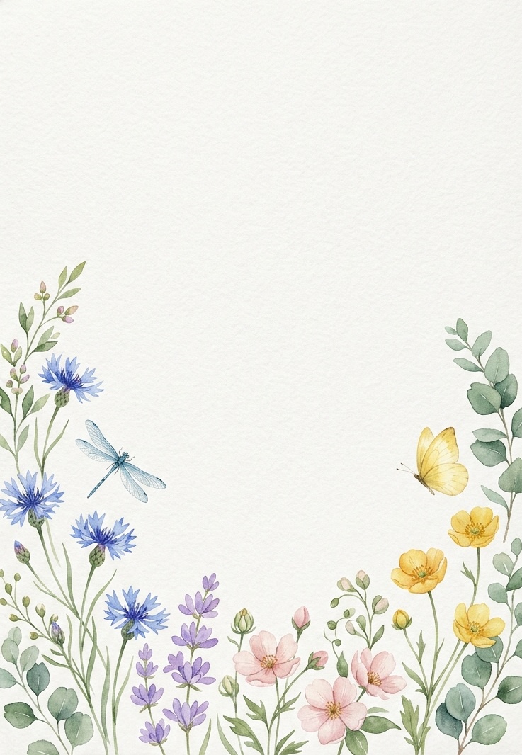 Hand painted watercolor wildflowers border with dragonfly and butterfly